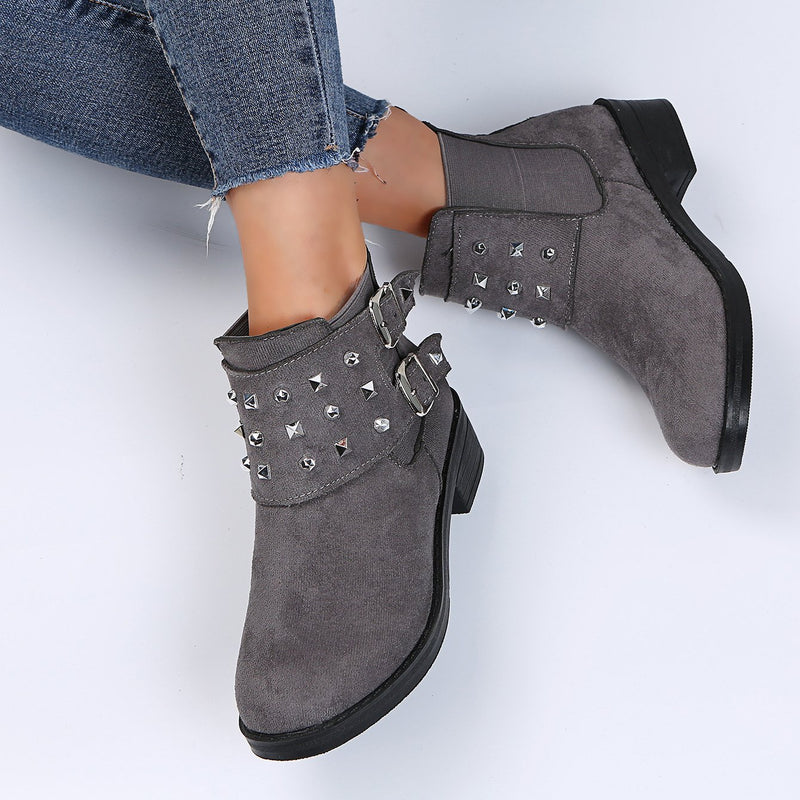 Women's studded buckle stap block heel chelsea booties