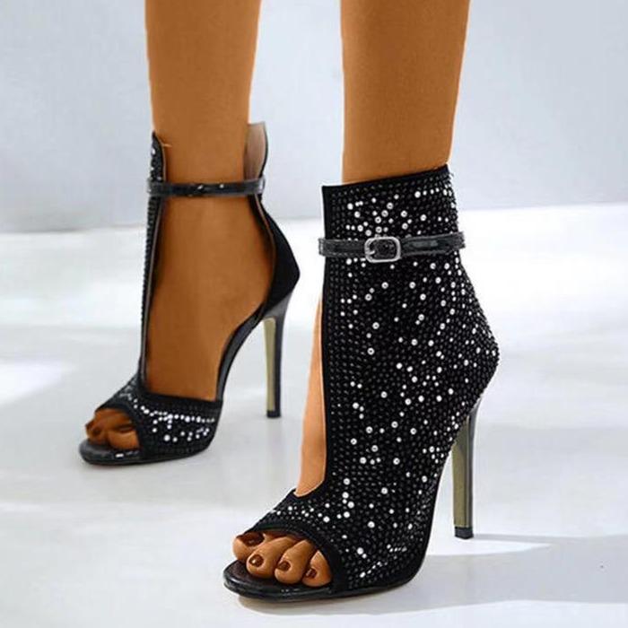 Women's black peep toe rhinestone stiletto high heel sandals side cut hollow booties
