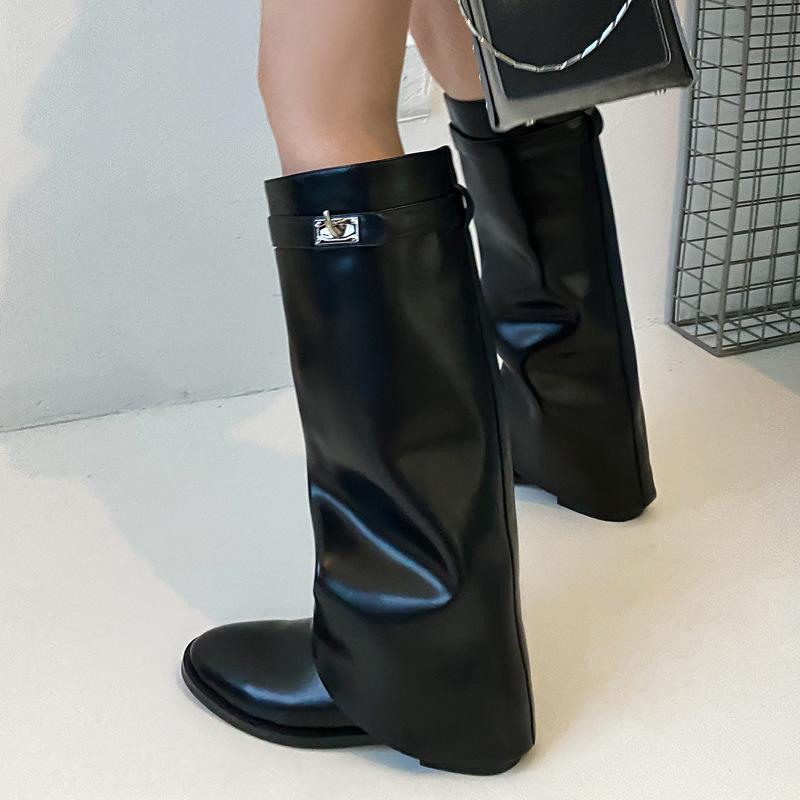 Women black leather trouser boots | Knight knee high slip on boots