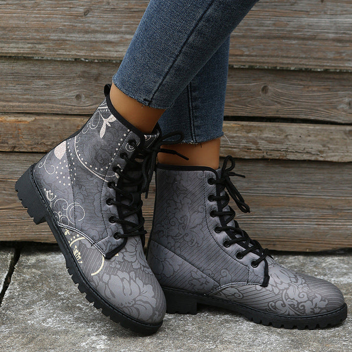 Floral print gray mid calf combat boots women's round toe lace-up booties