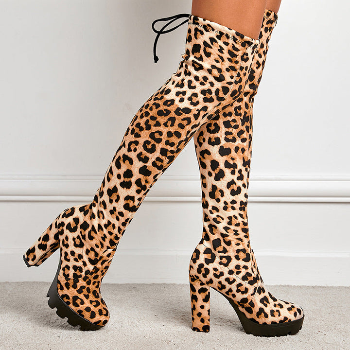 Women's black leopard slimming chunky high heels platform over the knee boots