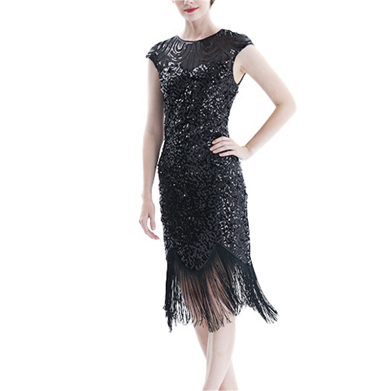 Women's Vintage Sequins Midi Fringed Dress sexy sleevesless banquet evening party dress