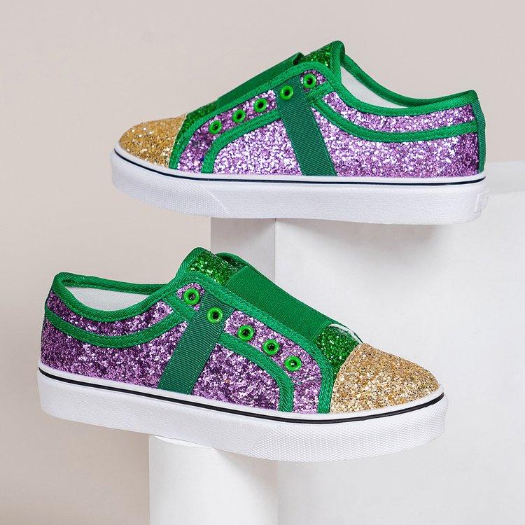 Women's colorful patchwork rhinestone glitter slip on canvas shoes