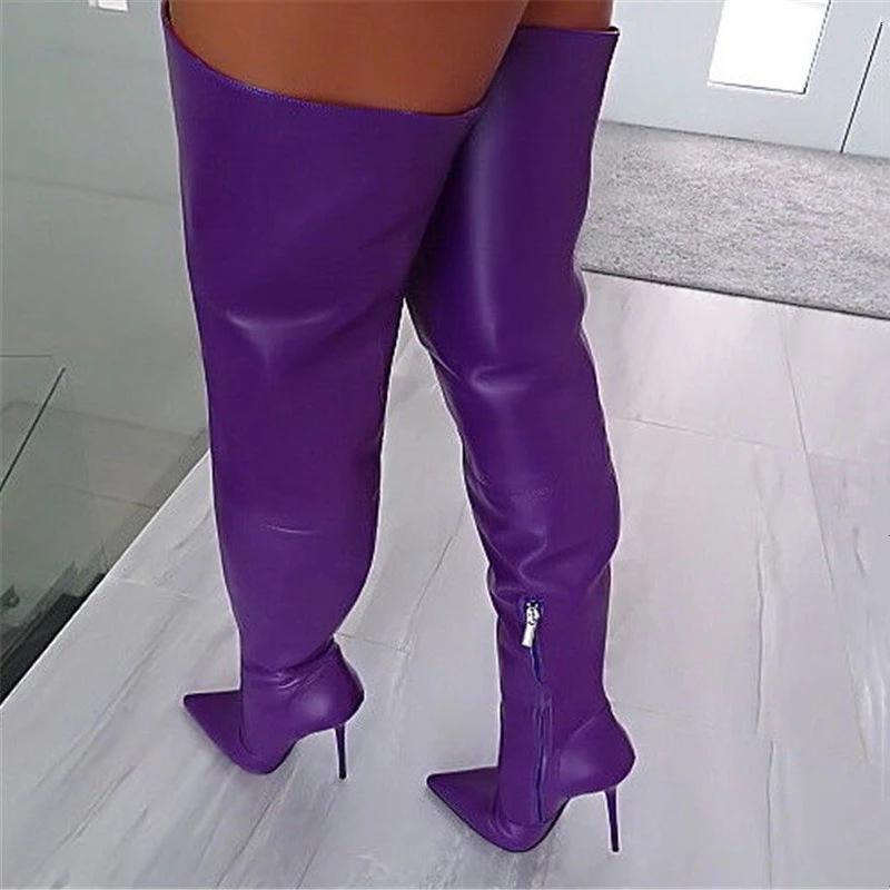 Women purple sexy pointed toe stiletto thigh high boots for party club