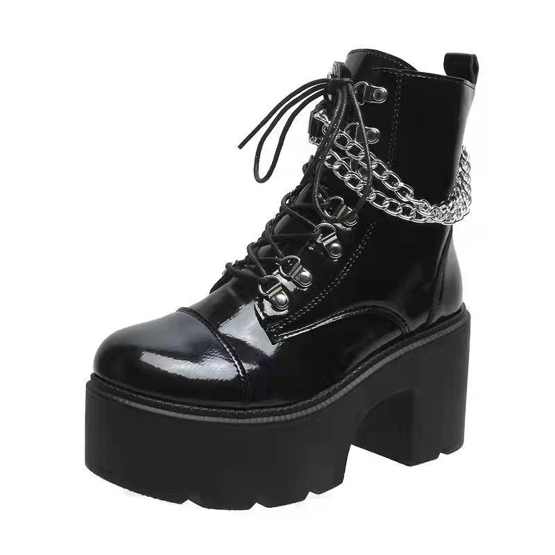 Women' black metal chains steampunk lace-up booties block heel gothic boots
