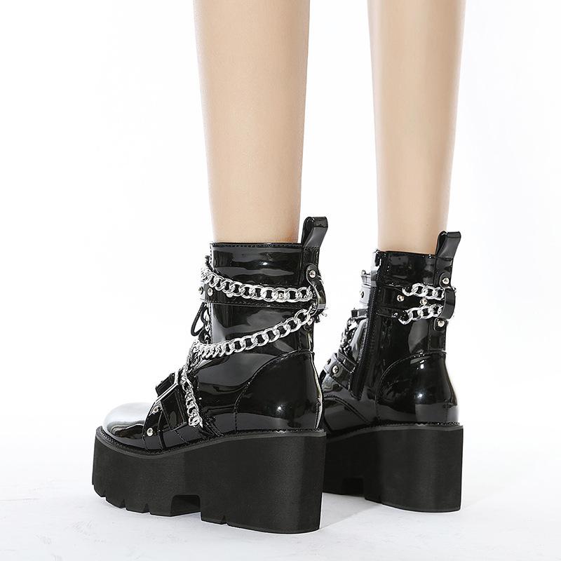 Women black punk metal chains thick platform chunky booties