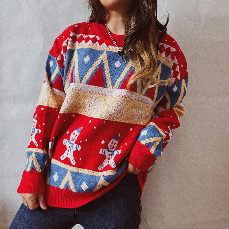 Snowman print Christmas sweater colorful New Year sweater pullovers for women