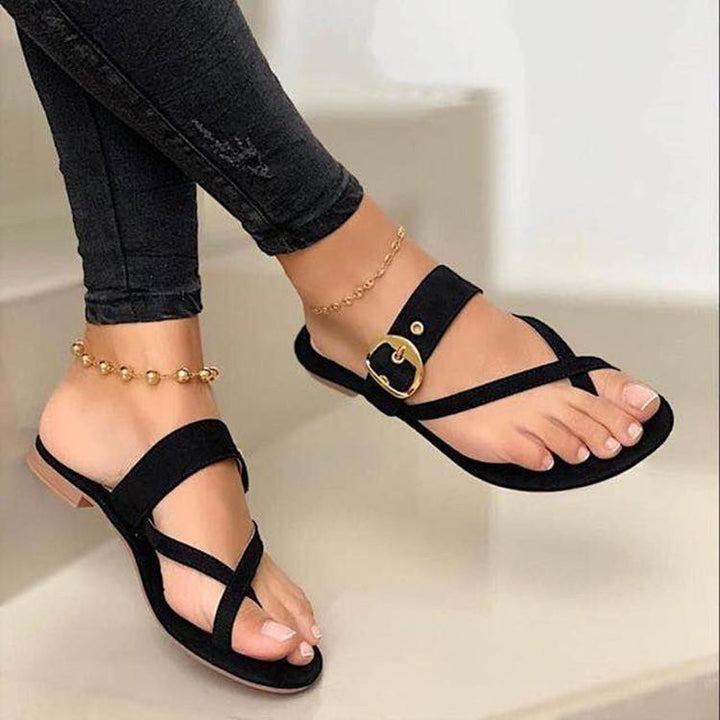 Women's adjustable buckle clip toe flat slide sandals