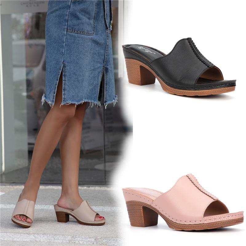 Women's chunky block heel peep toe mules sandals