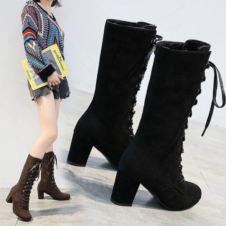 Faux suede lace-up chunky high heel tall boots for women