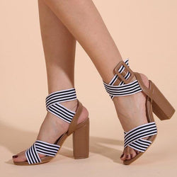 Women's black white striped criss chunky high heel sandals