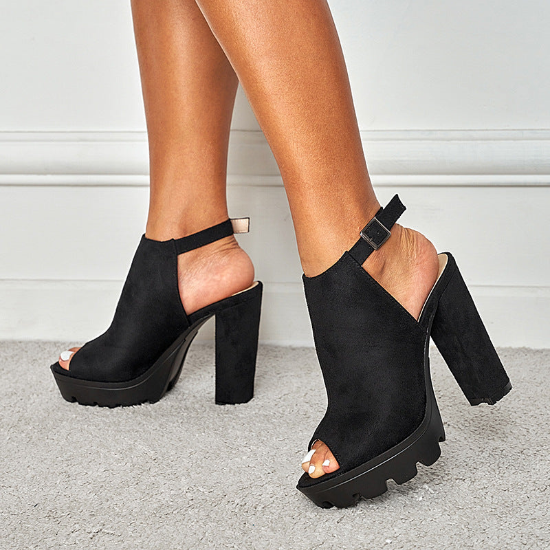 Women's peep toe side cutout chunky high heels ankle strap summer booties