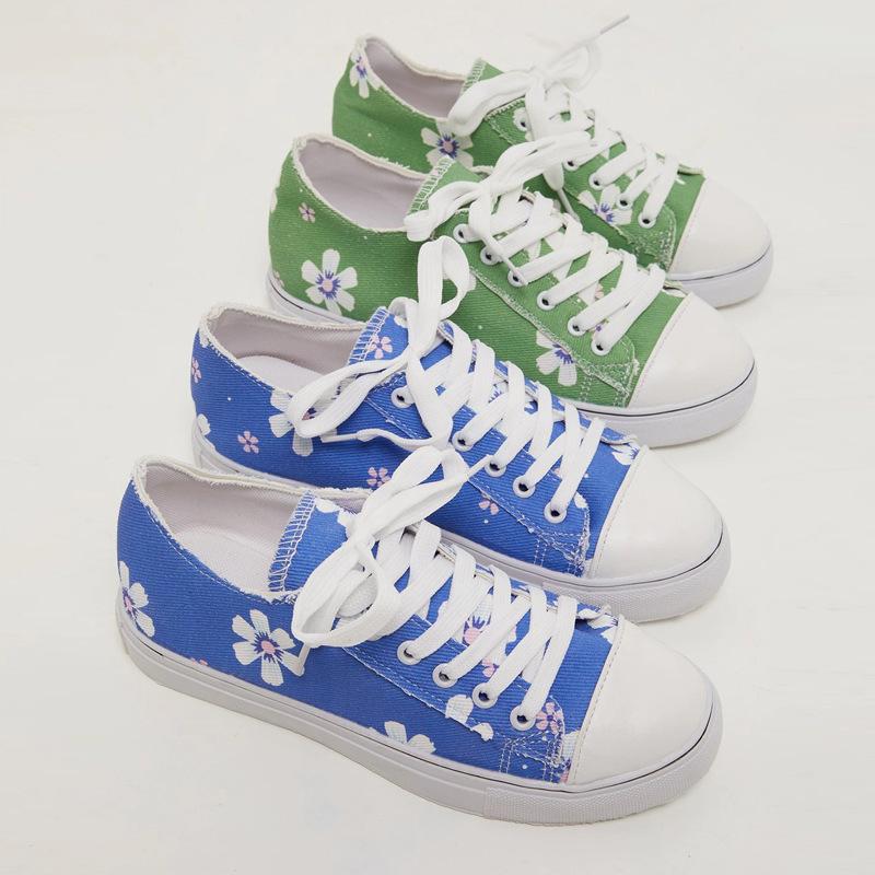 Flower print blue green lace-up canvas shoes summer casual shoes