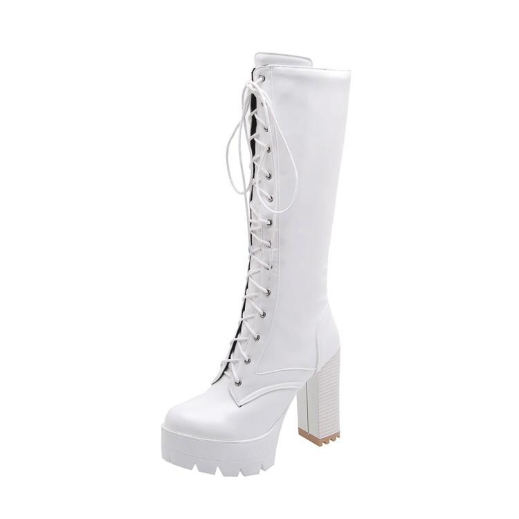 Women warm lining front lace knee high chunky high heel boots