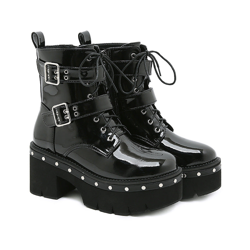 Women's black PU patent leather combat boots Gothic chunky platform boots with buckle straps