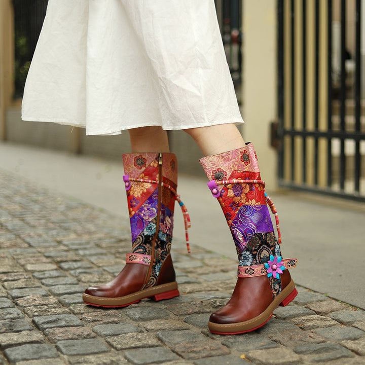 Women's ethnic red flower embroidery tassels knee high boots