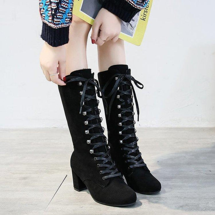 Faux suede lace-up chunky high heel tall boots for women