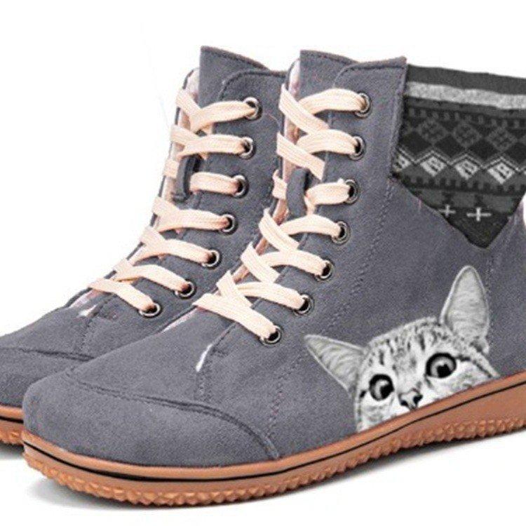 Women's cute cat print lace-up boots