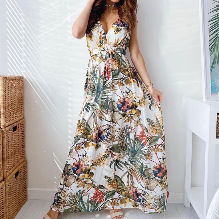 Women's sleeveless floral print wrap backless maxi dress back lace-up sundress