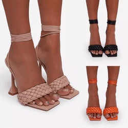 Women's woven suqare peep toe lace-up high heels