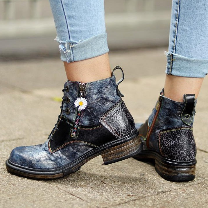Women's vintage black metallic leopard patchwork biker boots front lace ankle booties