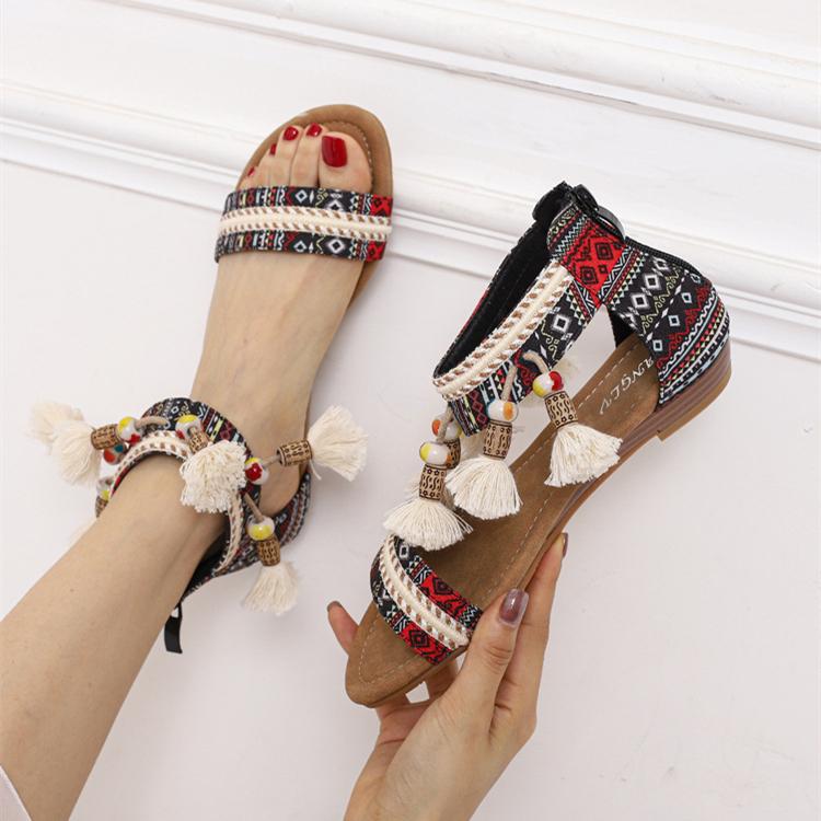 Women's boho beads poms sandals flat beach sandals