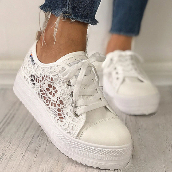 Women's white flower embroidery hollow chunky platform front lace sneakers | Summer breathable canvas shoes