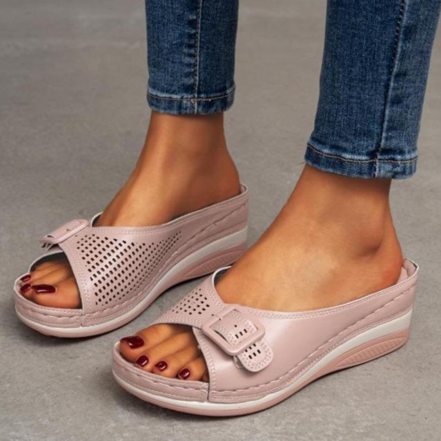 Women peep toe adjustable buckle arch support platform wedge slide sandals