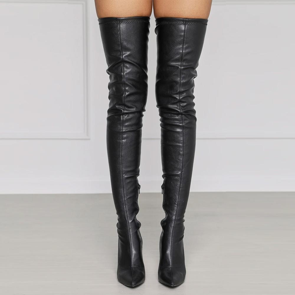 Women slim fit PU leather stiletto high heeled pointed toe thigh high boots