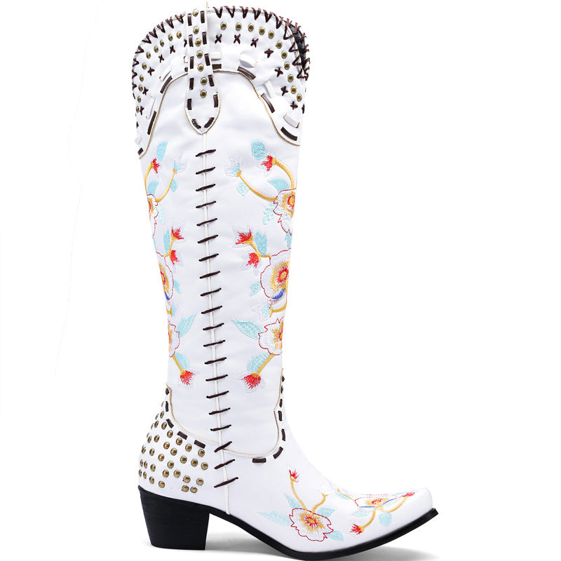 Women's rivets flower embroidery white knee high cowboy boots Black western boots