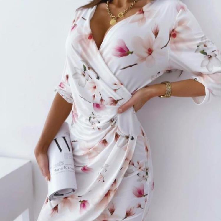Women's floral print sexy v neck wrap slim fit mini dress
