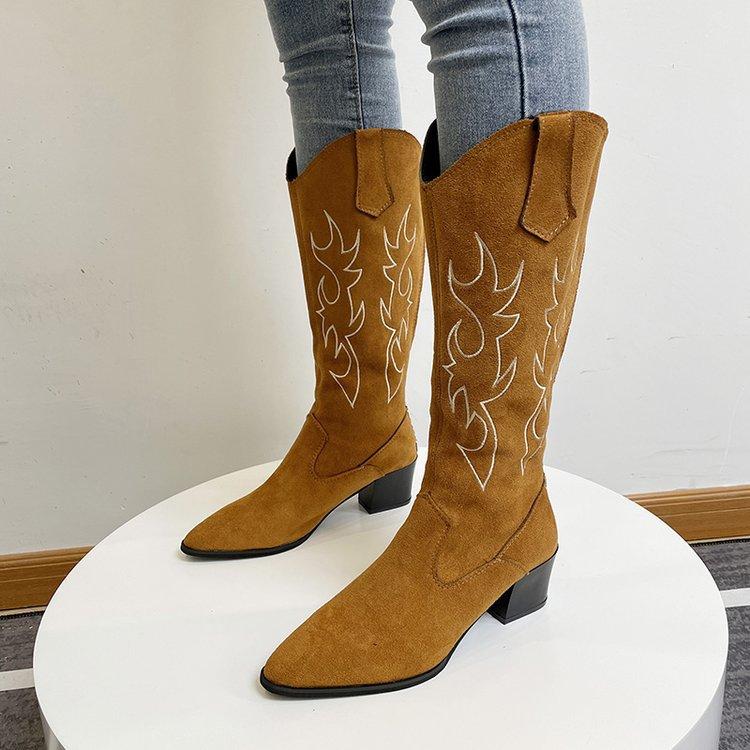 Women floral embroidery block heel mid calf cowboy boots