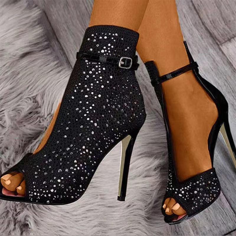 Women's black peep toe rhinestone stiletto high heel sandals side cut hollow booties