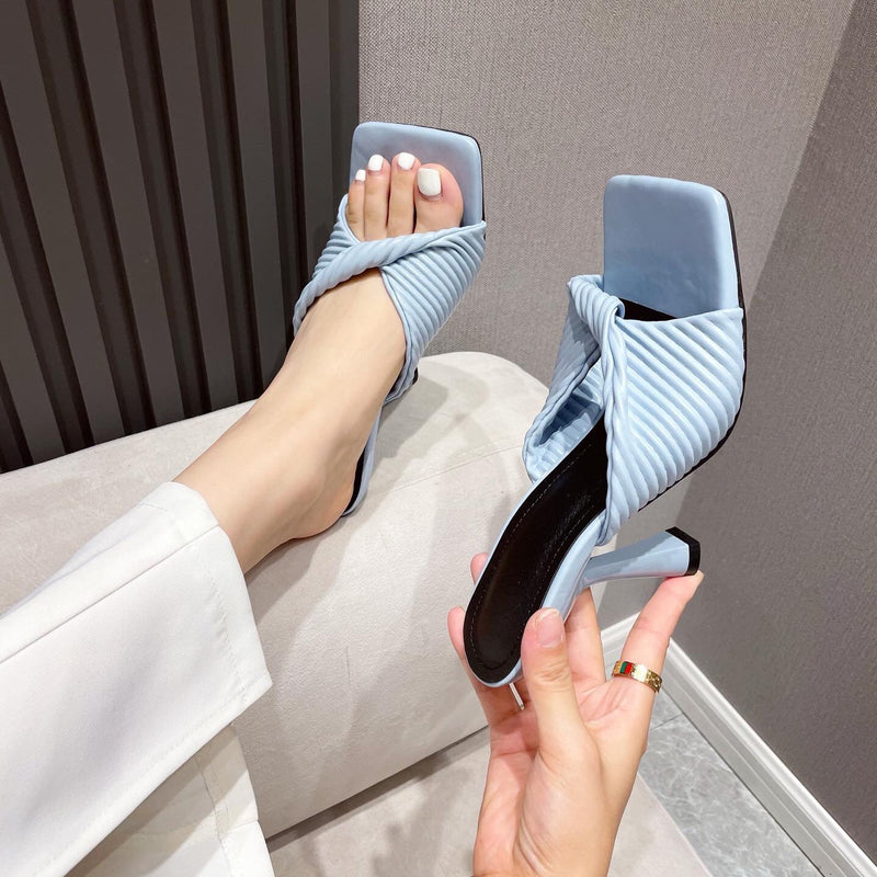 Fashion twisted arch support square open toe stiletto high heels slides