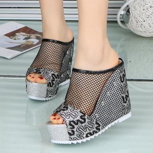 Women's lace hollow peep toe thick platform wedge sandals