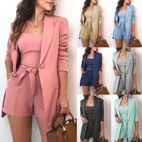 Women's 3 pieces suits Spaghetti strap crop tops lapel blazer and shorts with bowtie 3 pieces suits Summer office suits