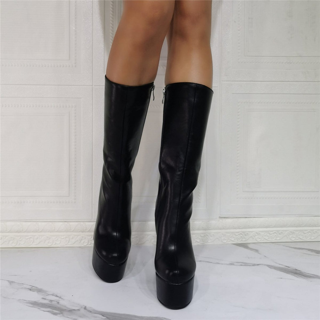 Women black gothic mid calf chunky high heel platform boots