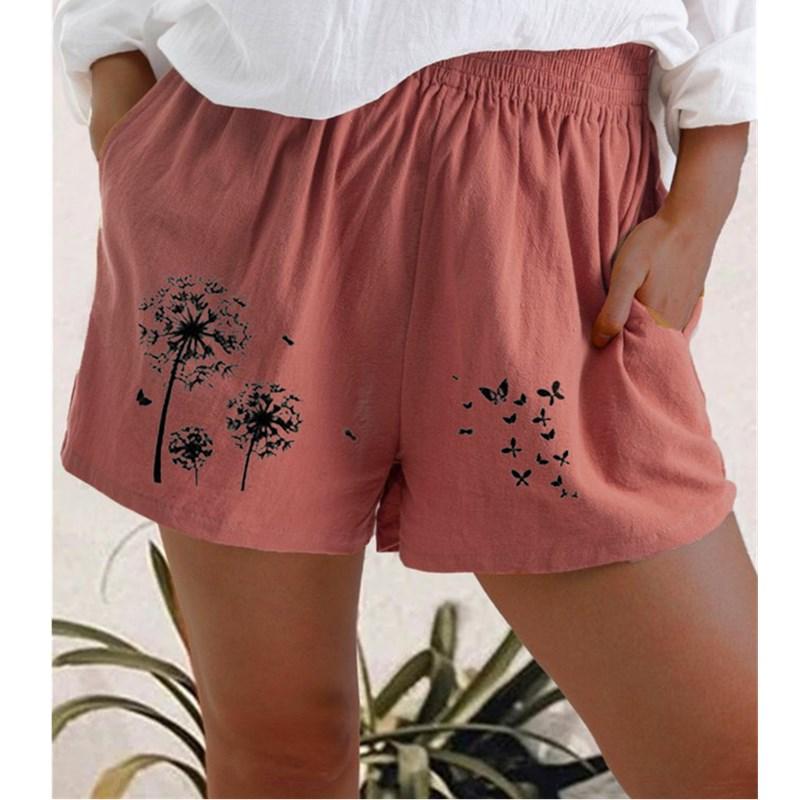 Women's linen floral print elastic waist pocketed shorts