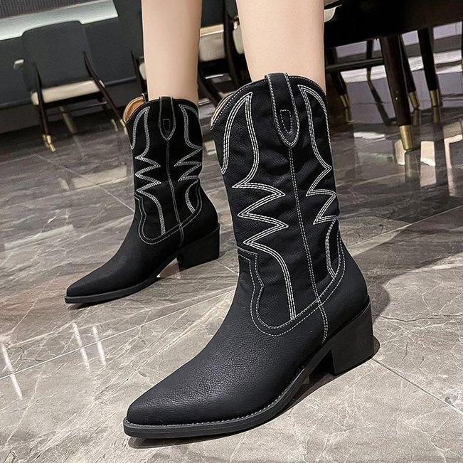 Women retro embroidery pointed toe block heel mid calf cowboy boots
