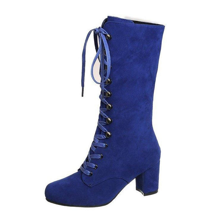 Faux suede lace-up chunky high heel tall boots for women