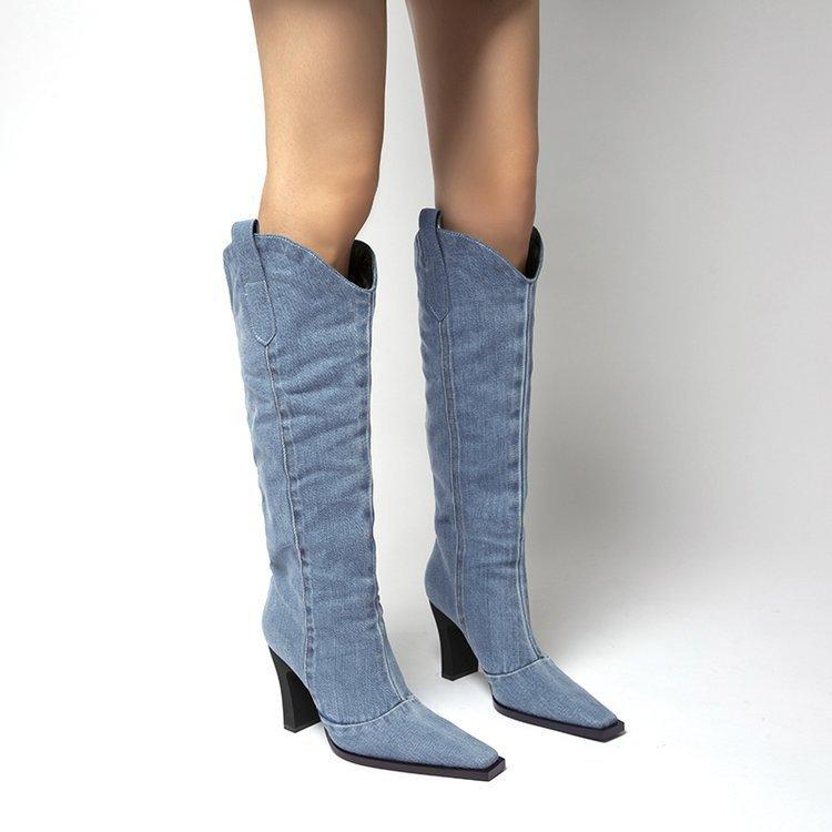 Women blue denim chunky high heels cowboy boots