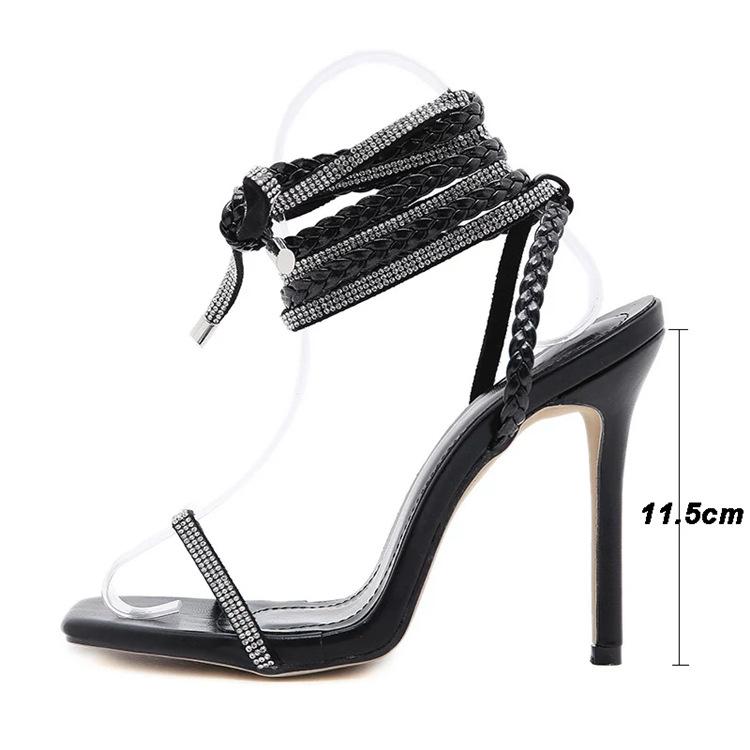 Rhinestone braided straps ankle lace-up stiletto high heels
