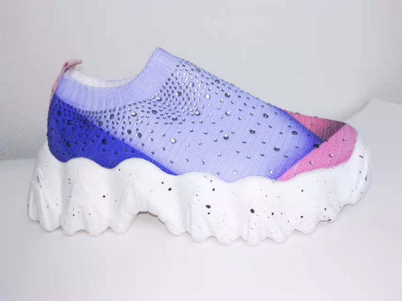 Women's rhinesonte blue pink patch platform sneakers slip on tennis shoes