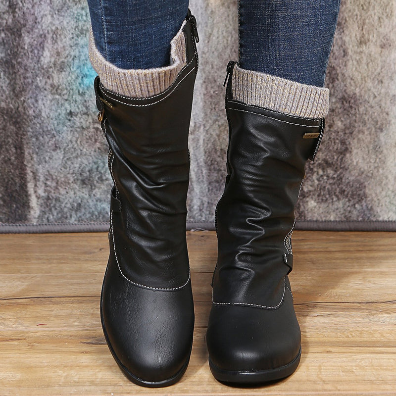 Women sweater cuff mid calf slouch boots low heel biker boots