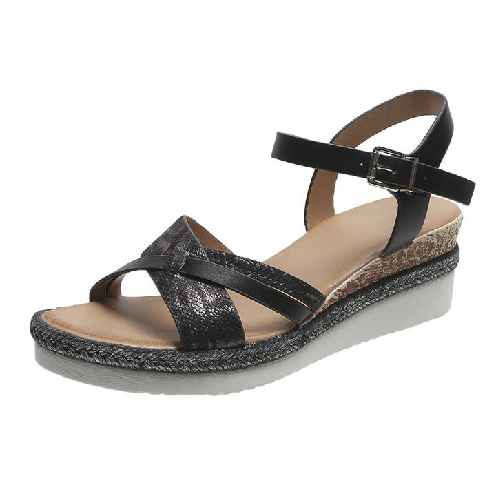 Women's retro peep toe wedge sandals summer casual sandals with buckle