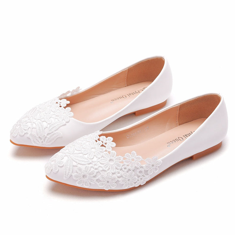 Women's white lace wedding flats | low heel bridal shoes