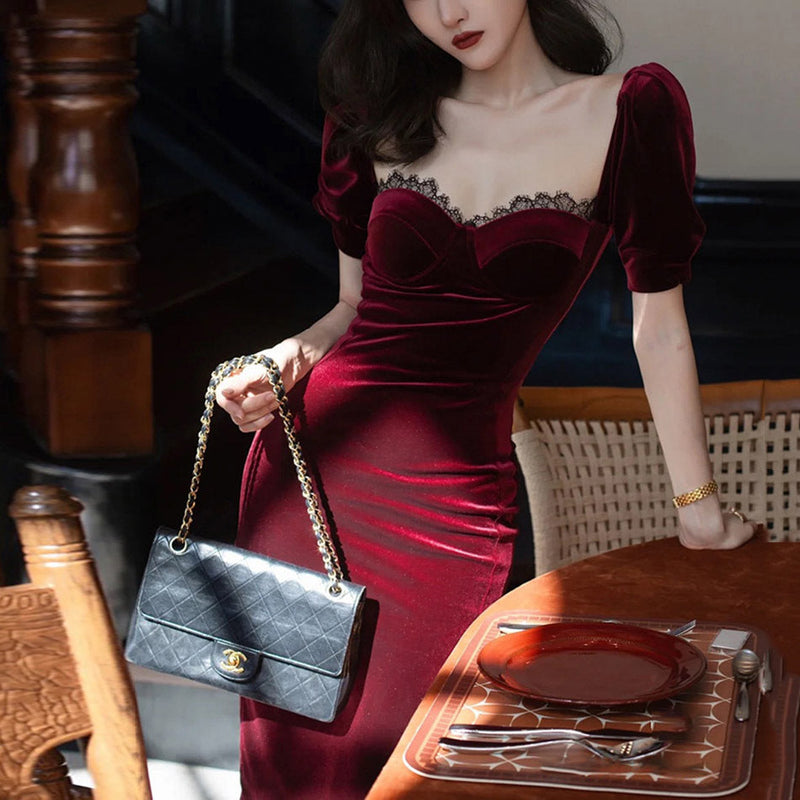 Women's elegant velvet short sleeves cold shoulder bodcon midi dress formal cocktail party dress