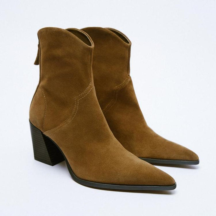 Brown block heel booties with back zipper