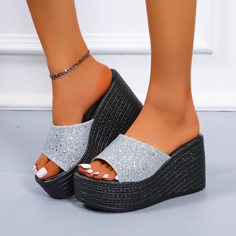 Rhinestone shining peep toe wedge heels slippers women's summer backless wedge slides