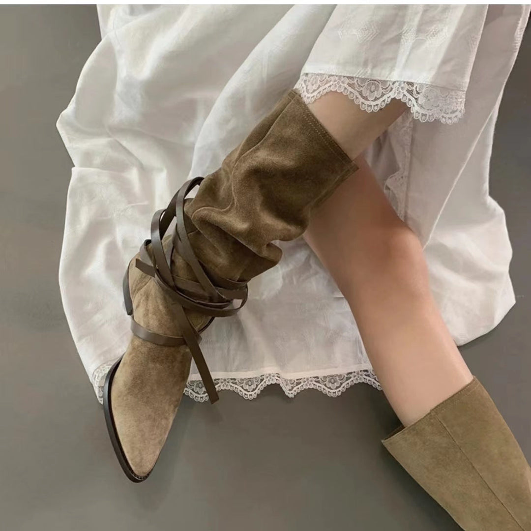Women's slouchy cowboy boots Strappy mid calf boots Vintage pointed toe western boots